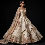 Champagne Ivory Rose Gold Floral ExpensiveE Corset Bridal Lehenga with Origami Pleated Panels and Tulle Cape