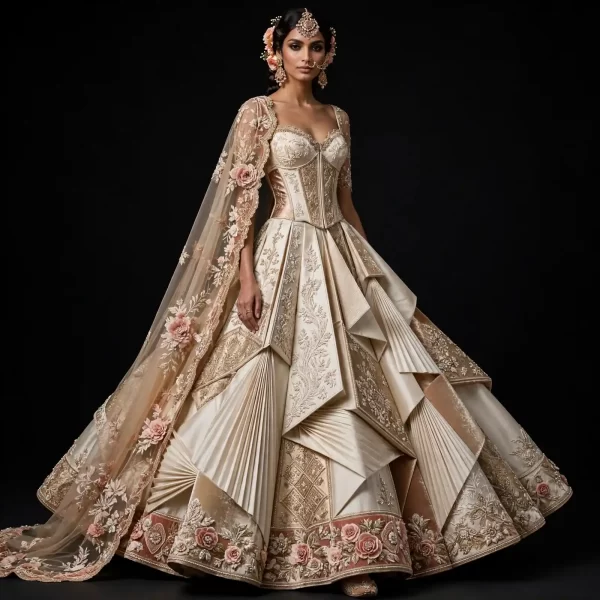 Champagne Ivory Rose Gold Floral ExpensiveE Corset Bridal Lehenga with Origami Pleated Panels and Tulle Cape