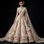 Ivory Blush Pearl ExpensiveE High-Neck Bridal Lehenga with Full Sleeves and Giant 3D Floral Applique and Saree Drape