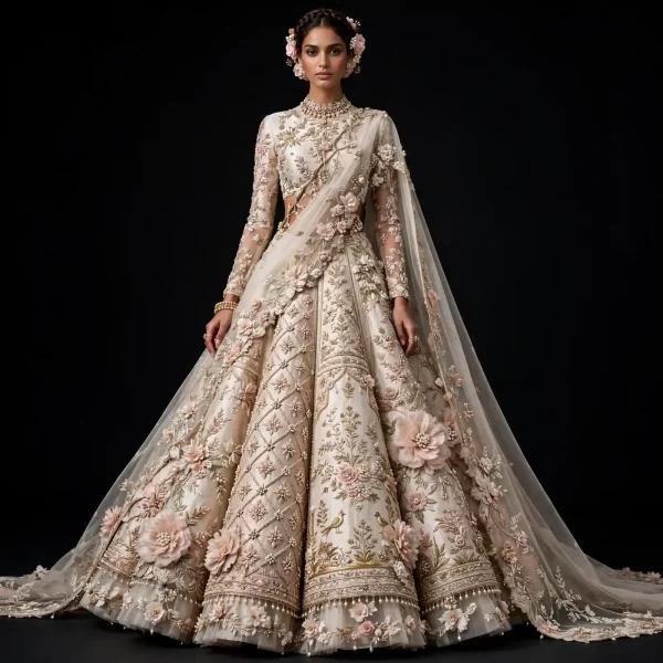Ivory Blush Pearl ExpensiveE High-Neck Bridal Lehenga with Full Sleeves and Giant 3D Floral Applique and Saree Drape