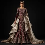 Burgundy Wine Ivory Gold Expensive Mermaid Bridal Lehenga with Velvet Bodice and Sculpted Temple Peplum and Tulle Cape