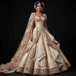 Ivory Champagne Rose Gold Expensive Corset Bridal Lehenga with Draped Pallu and 3D Rose Cape and Pearl Fringe Border