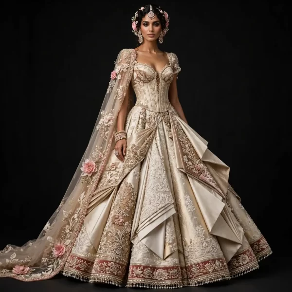 Ivory Champagne Rose Gold ExpensiveE Corset Bridal Lehenga with Draped Pallu and 3D Rose Cape and Pearl Fringe Border