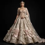 Ivory Champagne Giant Floral ExpensiveE Bridal Lehenga with Corset and Extra Large 3D Flower Applique and Checkered Jaali
