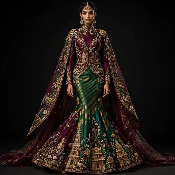 Burgundy Emerald Temple Palace ExpensiveE Mermaid Bridal Lehenga with Cape and Gold Temple Architecture Embroidery