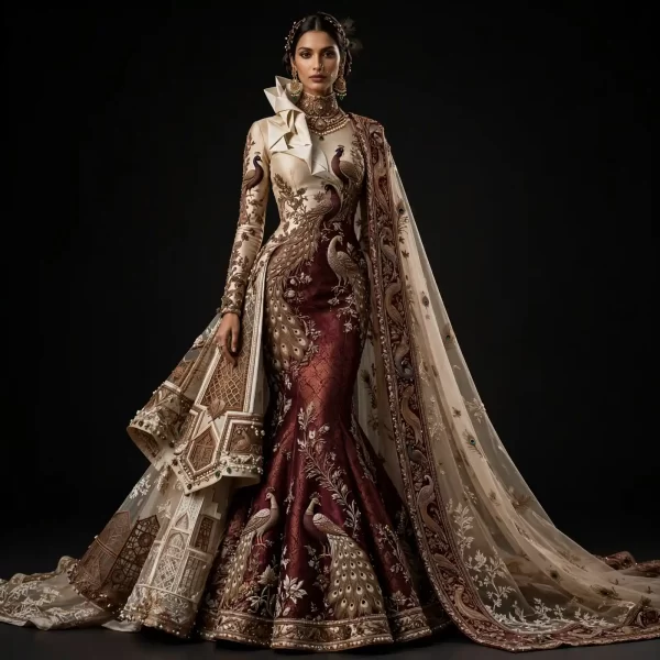 ExpensiveE Ivory Burgundy Gold Peacock Feather Mermaid Lehenga Heavy Peacock Motif Work 289
