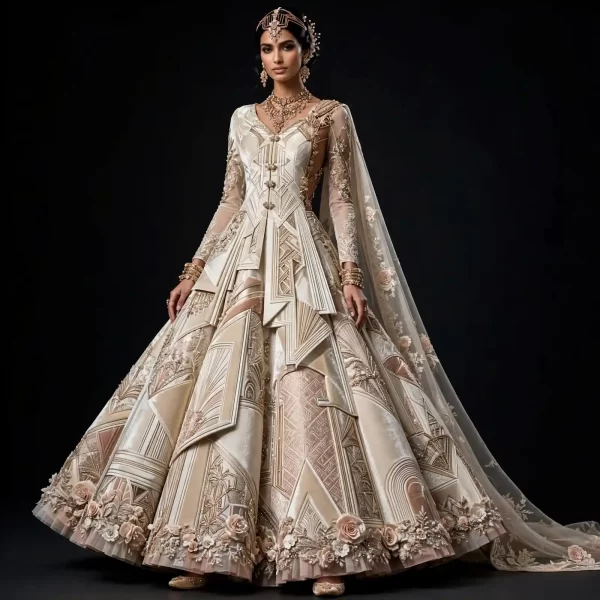 Expensive Ivory Blush Gold Art Deco Geometric Layered Bridal Lehenga Heavy Work 291