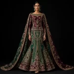 Expensive Burgundy Emerald Green Gold Peacock Feather Mermaid Lehenga Heavy Cape Work 295