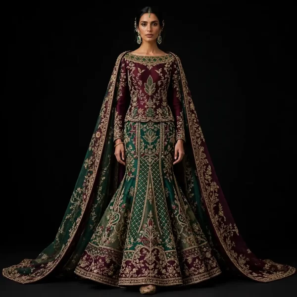 Expensive Burgundy Emerald Green Gold Peacock Feather Mermaid Lehenga Heavy Cape Work 295