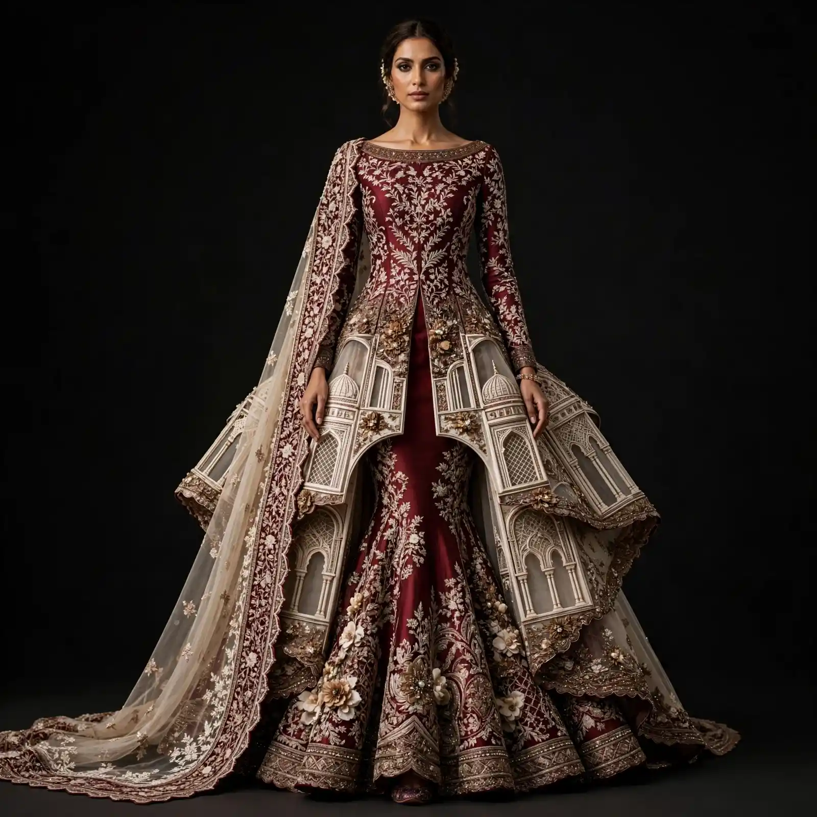 Expensive Burgundy Maroon Ivory Taj Mahal Architectural Bridal Lehenga Heavy Sculptural Work 298