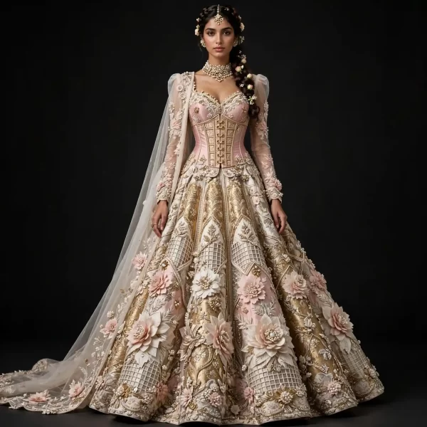 Blush Royal Grid ExpensiveE Blush Pink Gold Ivory 3D Rose Grid Lattice Corset Bridal Lehenga with Veil