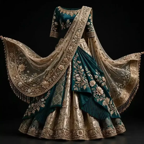 Teal Emerald Gold Lotus Expensive Draped Saree Bridal Lehenga with Double Dupatta and Fringe Tassel