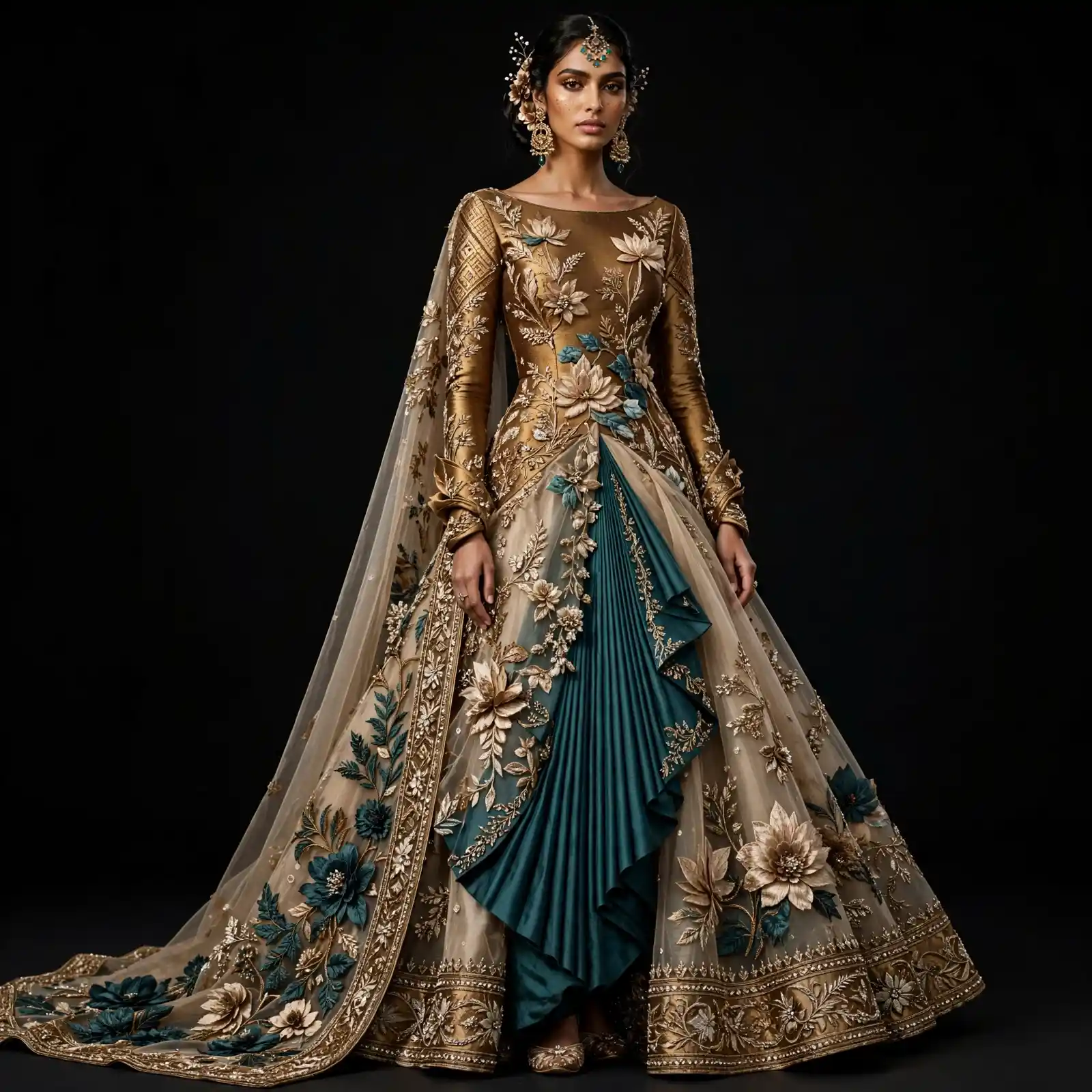 Teal Lotus Pleated Expensive Teal Gold Champagne Lotus 3D Floral Pleated Fan Saree Drape Bridal Lehenga