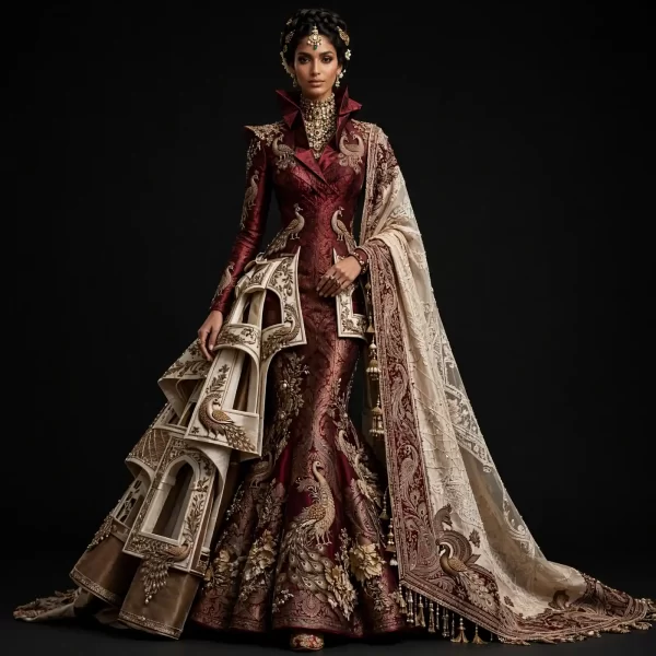 Burgundy Peacock Palace ExpensiveE Burgundy Maroon Ivory Gold Peacock 3D Palace Jharokha Architectural Bridal Lehenga