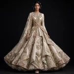 Ivory Art Deco Expensive Ivory Champagne Blush Gold Geometric Fan Origami Bridal Lehenga with Criss Cross Drape