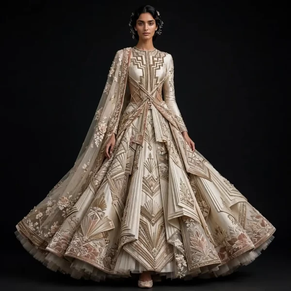 Ivory Art Deco ExpensiveE Ivory Champagne Blush Gold Geometric Fan Origami Bridal Lehenga with Criss Cross Drape