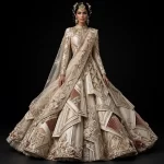 Ivory Geometric Origami ExpensiveE Ivory Blush Gold Geometric Diamond Origami Pleated Bridal Lehenga with Saree Drape