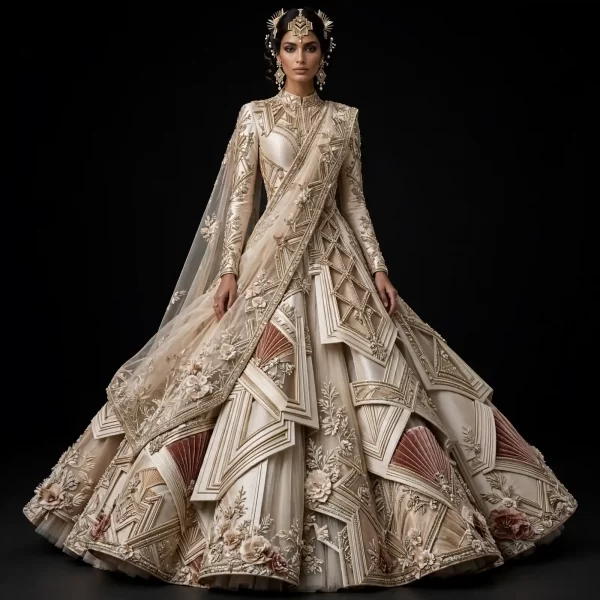 Ivory Geometric Origami ExpensiveE Ivory Blush Gold Geometric Diamond Origami Pleated Bridal Lehenga with Saree Drape