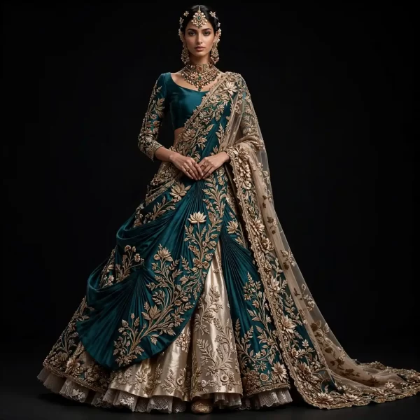 Teal Emerald Heritage ExpensiveE Teal Gold Champagne Lotus Floral Heavy Embroidered Saree Draped Bridal Lehenga
