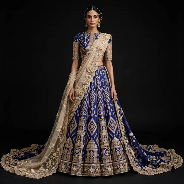 Royal Blue Temple Ikat ExpensiveE Royal Blue Gold Beige Temple Gopuram Ikat Diamond Heavy Bridal Lehenga with Floral Veil