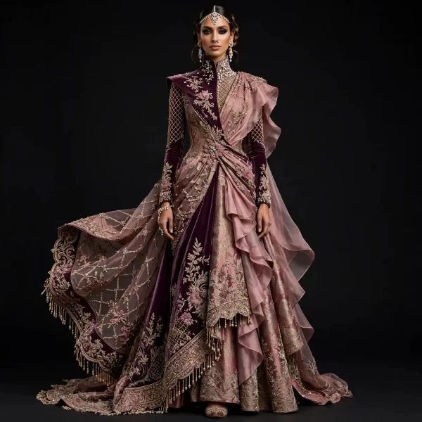 Mauve Plum Ruffle ExpensiveE Plum Mauve Pink Burgundy Gold Ruffle Saree Draped Heavy Bridal Lehenga with Velvet Yoke