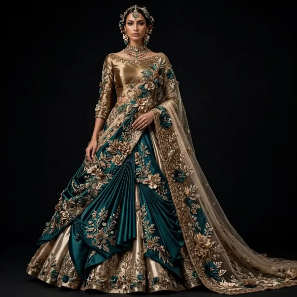 Teal Gold Lotus Ruffle ExpensiveE Teal Gold Champagne Lotus 3D Floral Pleated Fan Saree Drape Bridal Lehenga