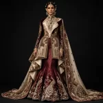 Peacock Mahal ExpensiveE Burgundy Ivory Peacock Feather Mermaid Lehenga with Temple Palace Embroidery and Cape