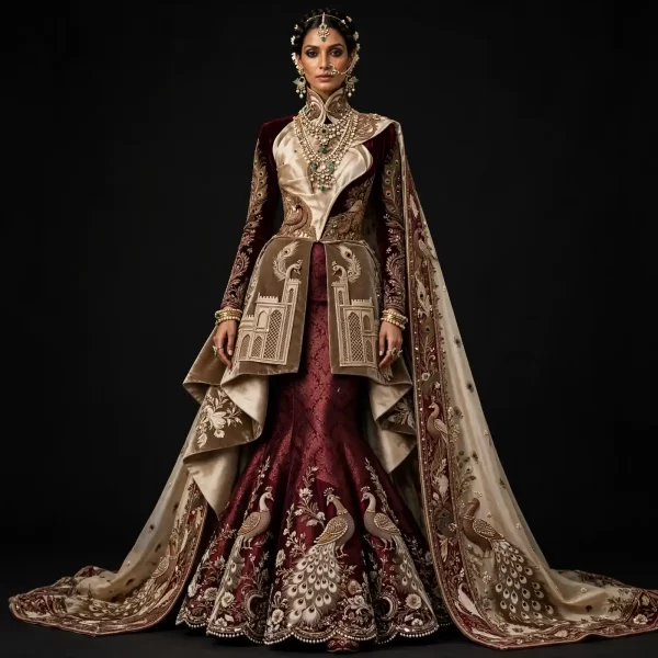 Peacock Mahal ExpensiveE Burgundy Ivory Peacock Feather Mermaid Lehenga with Temple Palace Embroidery and Cape