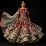 Crimson Red Ivory Lotus Pichwai Expensive Ruffled Tiered Bridal Lehenga with Swan Motif