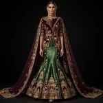 Kashi Emerald ExpensiveE Burgundy Green Gold Temple Gopuram Mermaid Lehenga with Long Cape and Temple Border