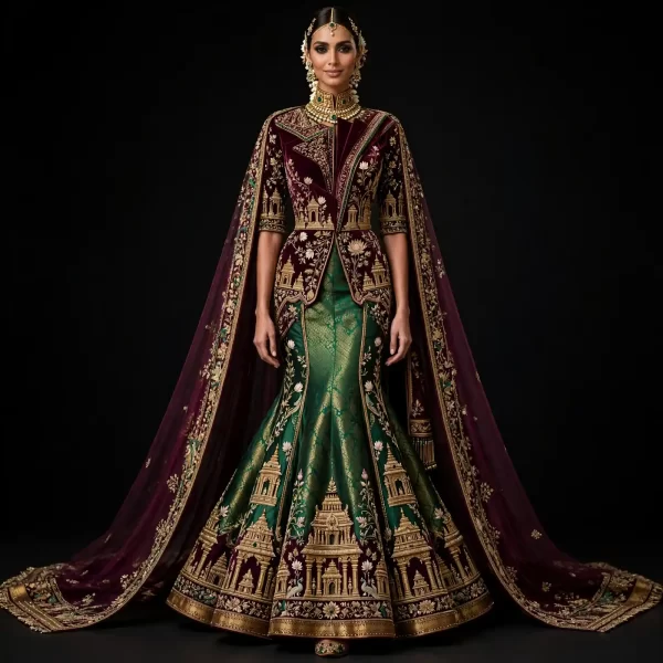 Kashi Emerald ExpensiveE Burgundy Green Gold Temple Gopuram Mermaid Lehenga with Long Cape and Temple Border