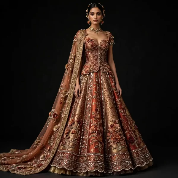 Copper Bloom ExpensiveE Rust Gold Pearl Floral Corset Lehenga with Mirror Diamond and Long Cape