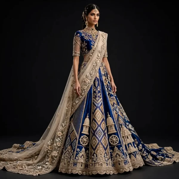 Konark Temple ExpensiveE Royal Blue Beige Ikat Temple Chariot Lehenga with Lotus Embroidery
