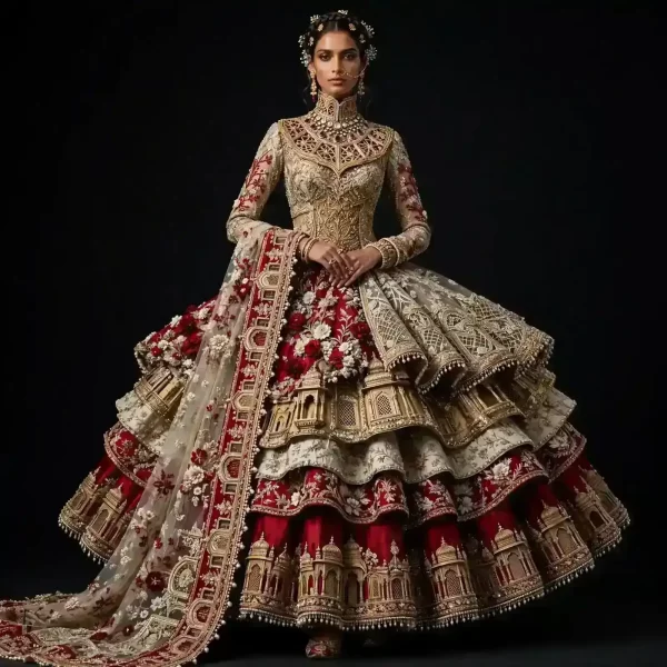 Burgundy Gold Temple Tiered ExpensiveE Heavy Work Bridal Lehenga with Jharokha Palace and 3D Rose
