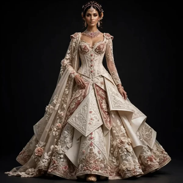 Ivory Rose Prism ExpensiveE Ivory Blush Pink Gold Corset Origami Bridal Lehenga with Cape