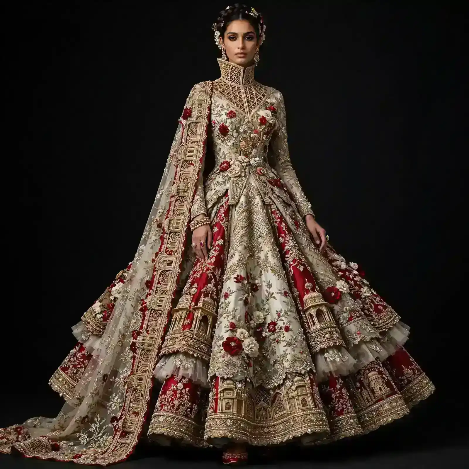 Ivory Crimson Red Gold Palace Jharokha Expensive Double Flared Tiered Lehenga with Cape Dupatta