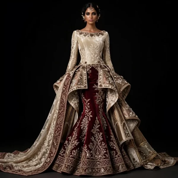Burgundy Velvet Temple ExpensiveE Burgundy Maroon Gold Ivory Temple Peplum Mermaid Bridal Lehenga with Cape