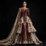 Maroon Temple Lattice ExpensiveE Burgundy Maroon Gold Ivory Temple Lattice Peplum Mermaid Bridal Lehenga with Cape