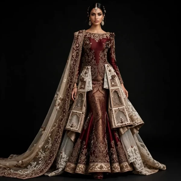 Maroon Temple Lattice ExpensiveE Burgundy Maroon Gold Ivory Temple Lattice Peplum Mermaid Bridal Lehenga with Cape