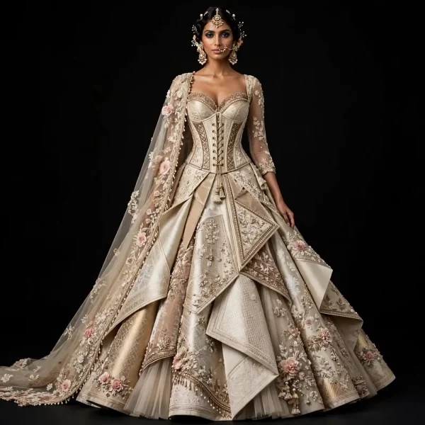 Champagne Prism Rose ExpensiveE Champagne Ivory Gold Blush Pink Corset Origami Bridal Lehenga with Cape