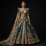 Teal Gold Temple Palace ExpensiveE Teal Green Gold Beige Temple Palace Gopuram Heavy Bridal Lehenga with Cape