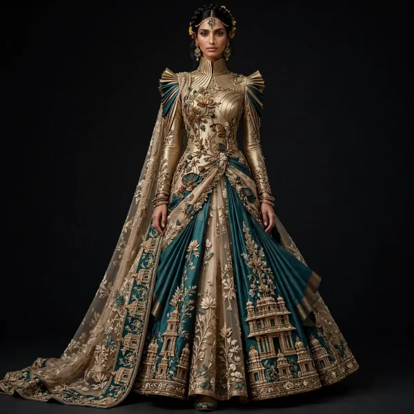 Teal Gold Temple Palace ExpensiveE Teal Green Gold Beige Temple Palace Gopuram Heavy Bridal Lehenga with Cape