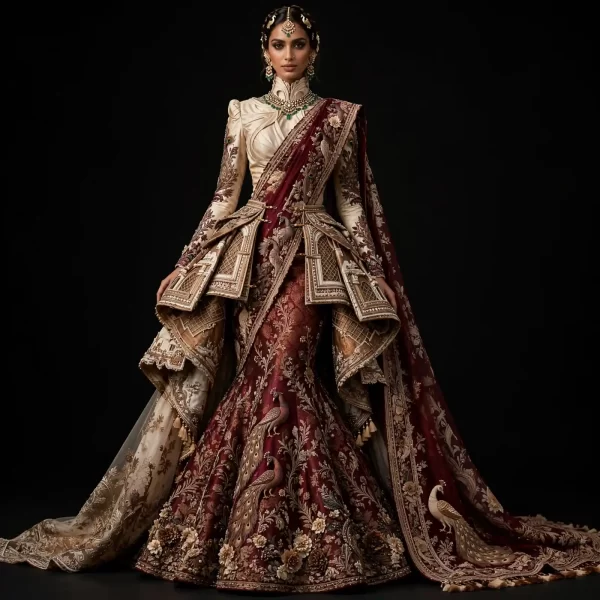 Peacock Burgundy Temple ExpensiveE Burgundy Maroon Ivory Gold Peacock Feather Temple Architecture Peplum Mermaid Bridal Lehenga