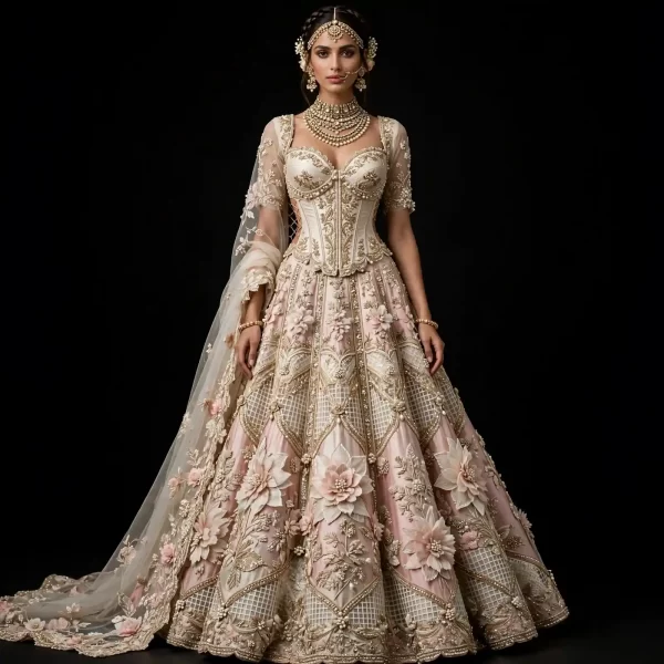 Blush Pearl Grid ExpensiveE Blush Pink Ivory Gold Pearl Lattice Grid 3D Floral Corset Bridal Lehenga with Cape