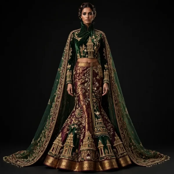 Emerald Temple Crown ExpensiveE Emerald Green Burgundy Gold Temple Gopuram Mermaid Bridal Lehenga with Cape