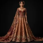 Terracotta Corset Bloom ExpensiveE Rust Orange Burgundy Gold Corset 3D Floral Mirror Heavy Bridal Lehenga