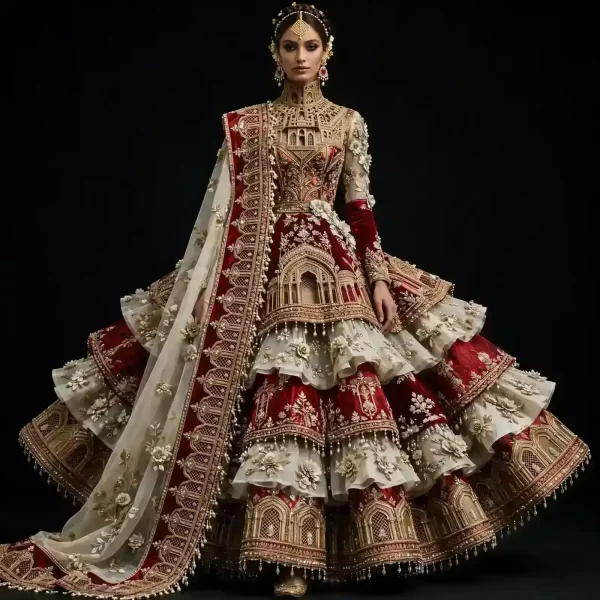 Crimson Red Ivory Tiered Ruffle Expensive Palace Dome Lehenga with Mughal Arch and Pearl Tassel