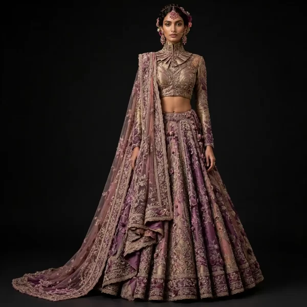 Expensive Mauve Purple Champagne Gold Floral 3D Rose Bridal Lehenga Heavy Layered Work 340
