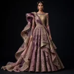 Expensive Plum Purple Champagne Gold Architectural Layered Bridal Lehenga Heavy Origami Work 341