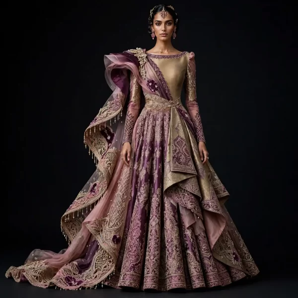 Expensive Plum Purple Champagne Gold Architectural Layered Bridal Lehenga Heavy Origami Work 341